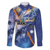Marshall Islands Manit Day Family Matching Short Sleeve Bodycon Dress and Hawaiian Shirt Grunge National Flag with Whales and Tribal Tattoos LT03 Dad's Shirt - Long Sleeve Blue - Polynesian Pride