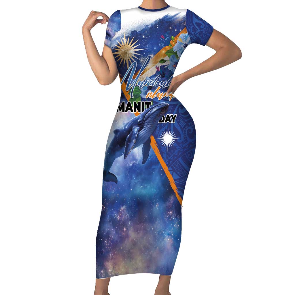 Marshall Islands Manit Day Family Matching Short Sleeve Bodycon Dress and Hawaiian Shirt Grunge National Flag with Whales and Tribal Tattoos LT03 Mom's Dress Blue - Polynesian Pride