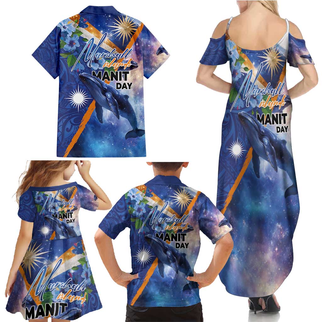 Marshall Islands Manit Day Family Matching Summer Maxi Dress and Hawaiian Shirt Grunge National Flag with Whales and Tribal Tattoos LT03 - Polynesian Pride
