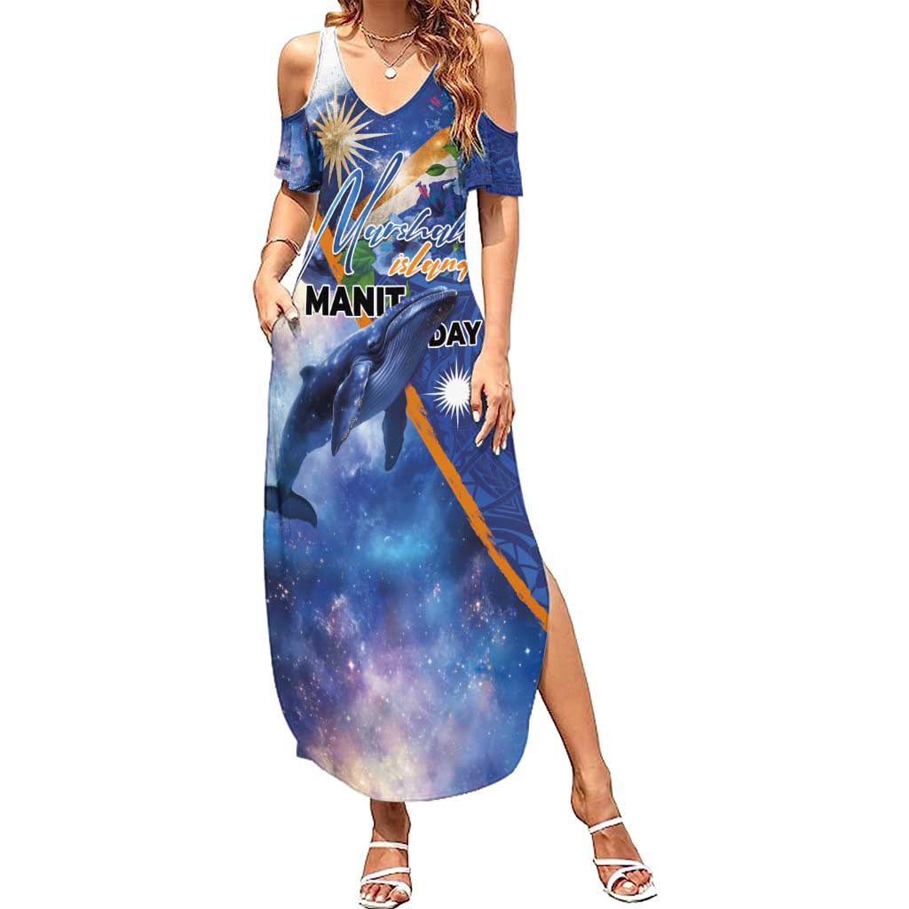 Marshall Islands Manit Day Family Matching Summer Maxi Dress and Hawaiian Shirt Grunge National Flag with Whales and Tribal Tattoos LT03 Mom's Dress Blue - Polynesian Pride