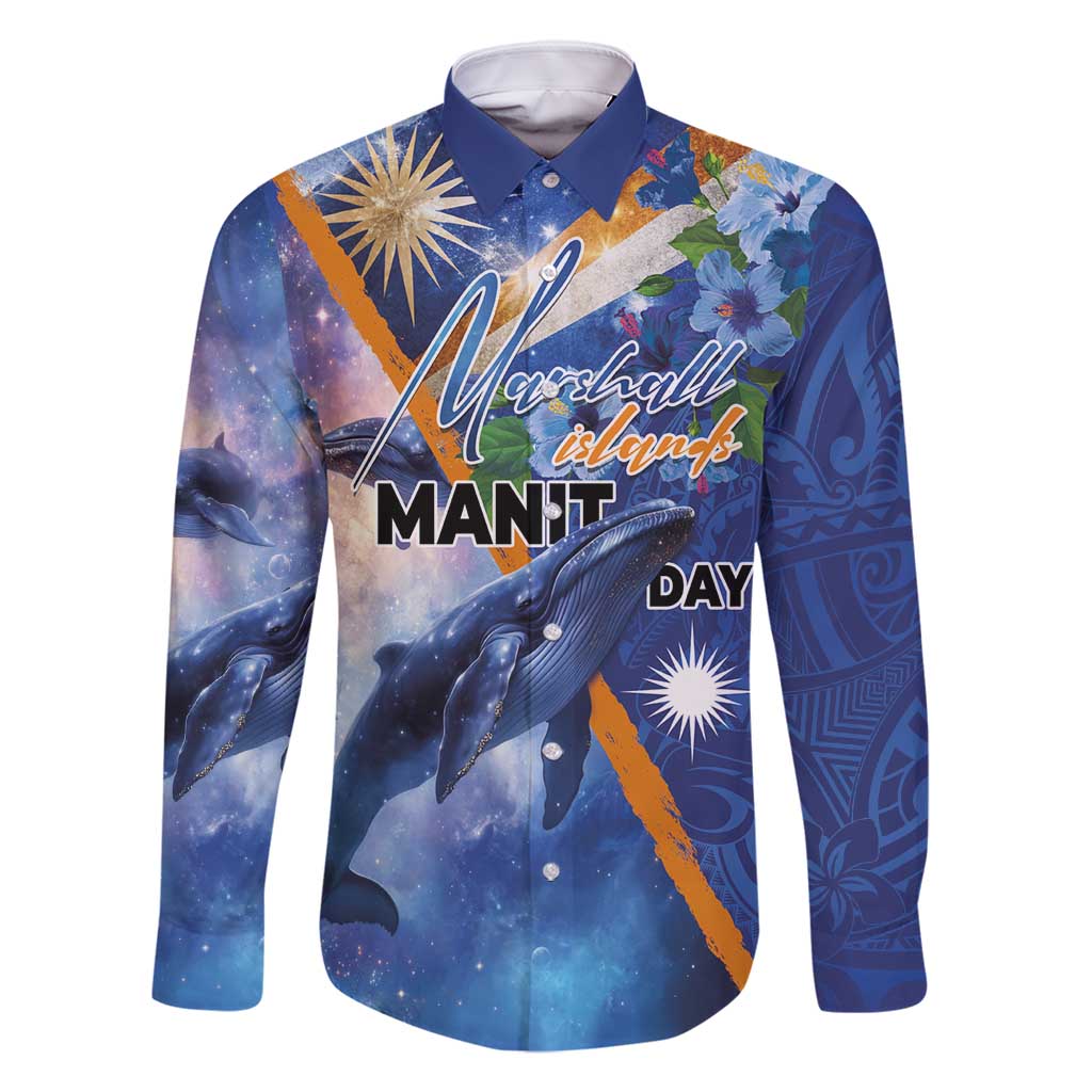 Marshall Islands Manit Day Family Matching Tank Maxi Dress and Hawaiian Shirt Grunge National Flag with Whales and Tribal Tattoos LT03 Dad's Shirt - Long Sleeve Blue - Polynesian Pride