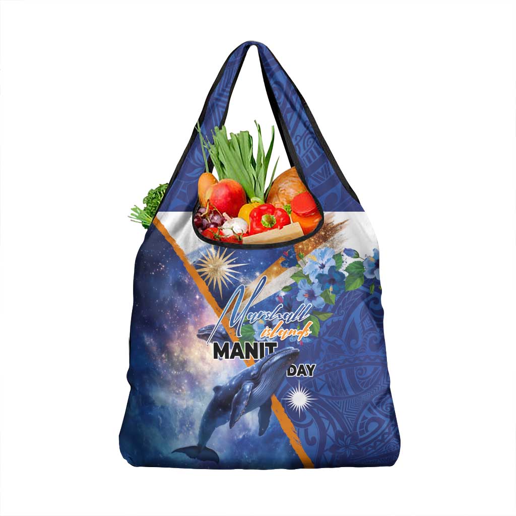Marshall Islands Manit Day Grocery Bag Grunge National Flag with Whales and Tribal Tattoos LT03 1-pack One Size Blue - Polynesian Pride