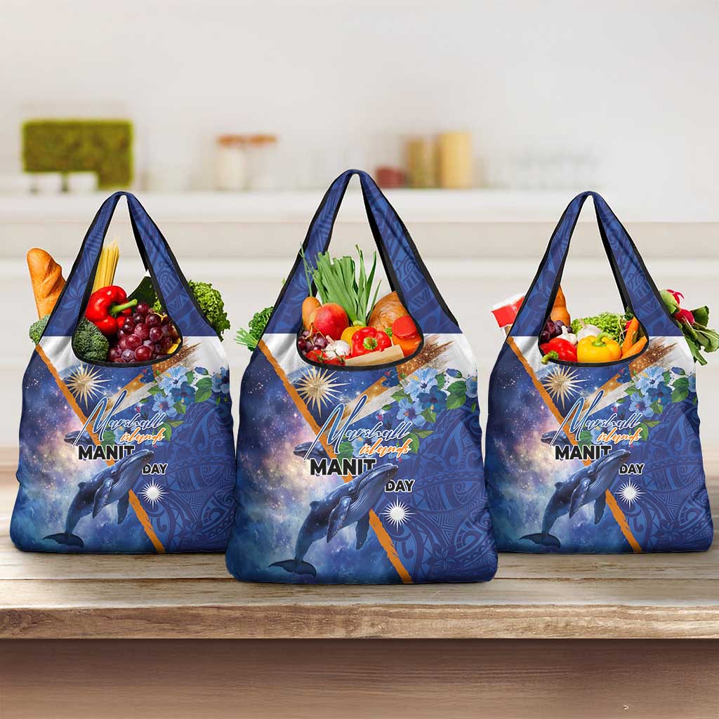 Marshall Islands Manit Day Grocery Bag Grunge National Flag with Whales and Tribal Tattoos LT03 3-pack One Size Blue - Polynesian Pride