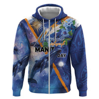 Marshall Islands Manit Day Hoodie Grunge National Flag with Whales and Tribal Tattoos LT03 Zip Hoodie Blue - Polynesian Pride