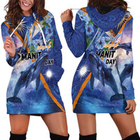 Marshall Islands Manit Day Hoodie Dress Grunge National Flag with Whales and Tribal Tattoos LT03 - Polynesian Pride
