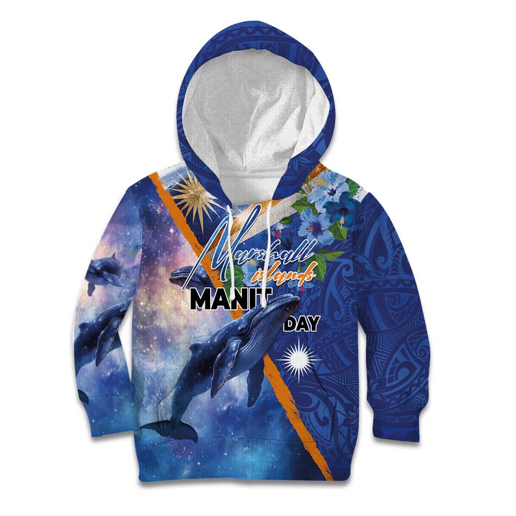 Marshall Islands Manit Day Kid Hoodie Grunge National Flag with Whales and Tribal Tattoos - Polynesian Pride