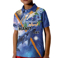 Marshall Islands Manit Day Kid Polo Shirt Grunge National Flag with Whales and Tribal Tattoos LT03 Kid Blue - Polynesian Pride