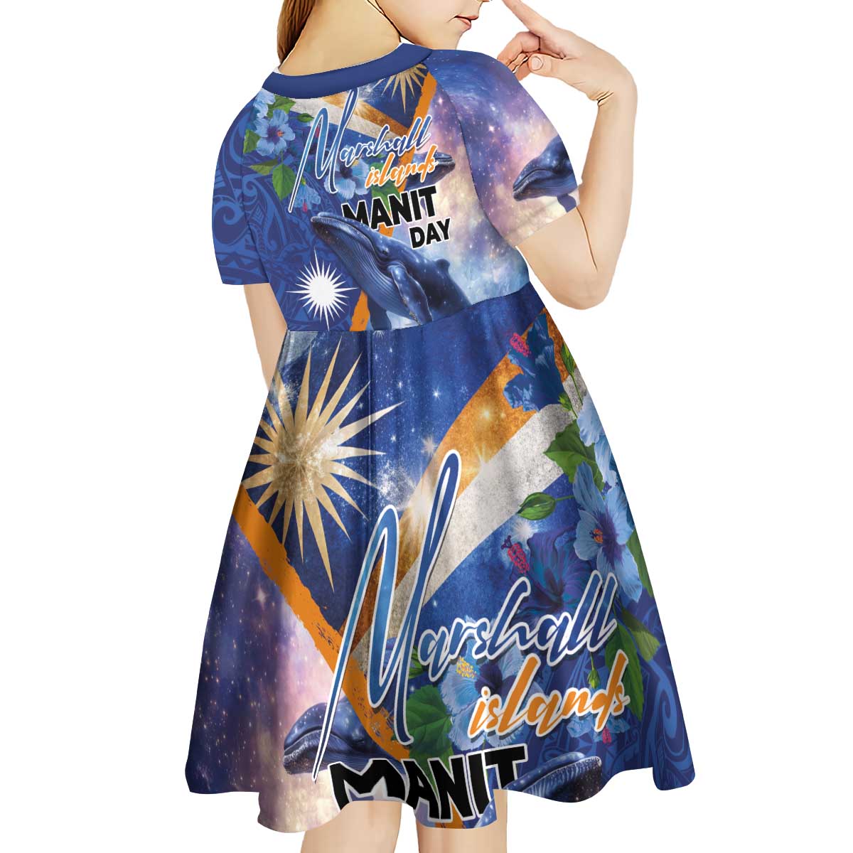 Marshall Islands Manit Day Kid Short Sleeve Dress Grunge National Flag with Whales and Tribal Tattoos LT03 - Polynesian Pride