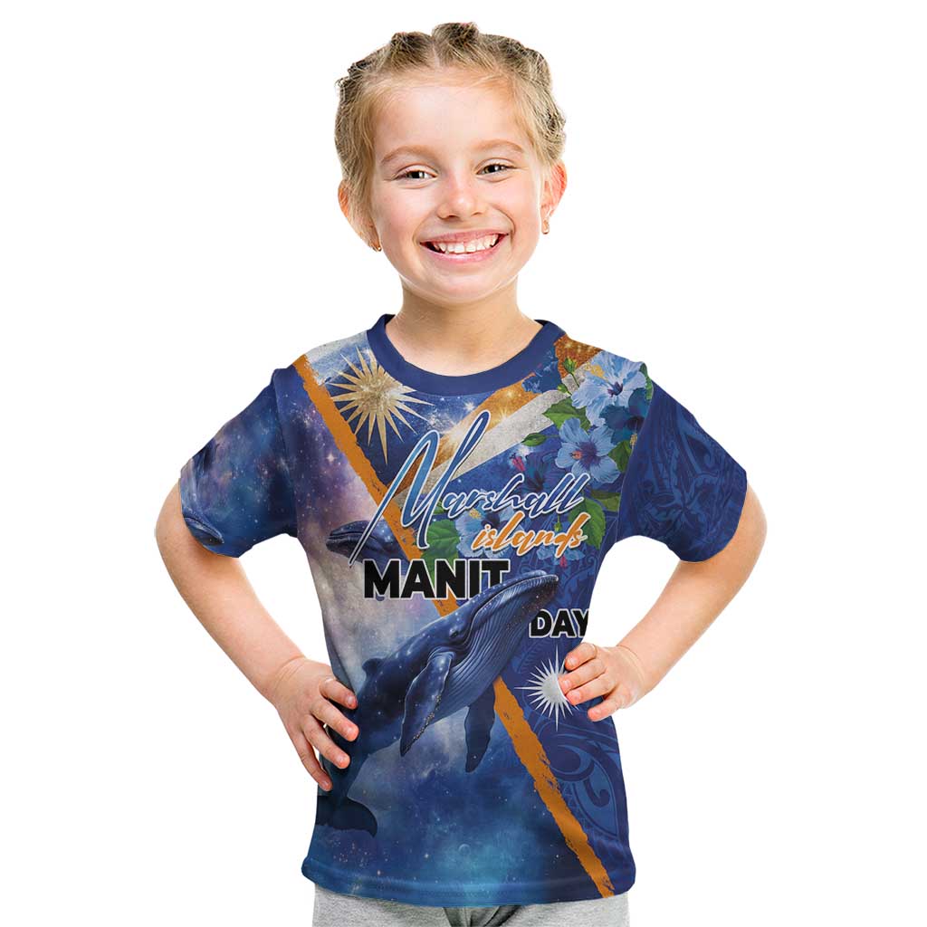Marshall Islands Manit Day Kid T Shirt Grunge National Flag with Whales and Tribal Tattoos LT03 Blue - Polynesian Pride