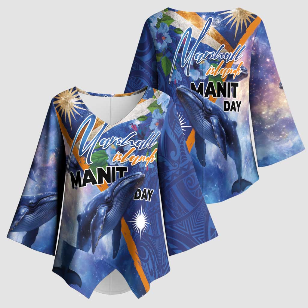 Marshall Islands Manit Day Kimono Sleeve Blouse Grunge National Flag with Whales and Tribal Tattoos - Polynesian Pride