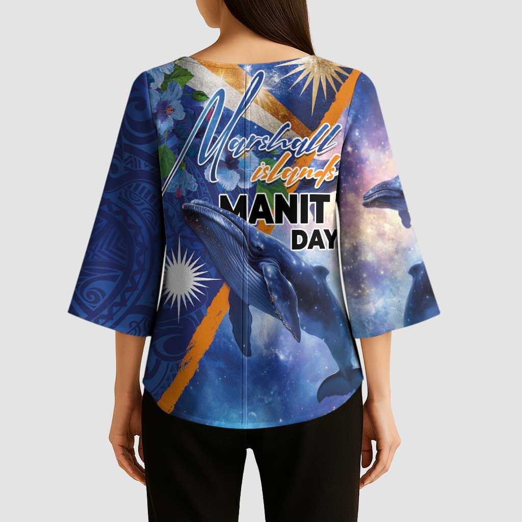 Marshall Islands Manit Day Kimono Sleeve Blouse Grunge National Flag with Whales and Tribal Tattoos - Polynesian Pride