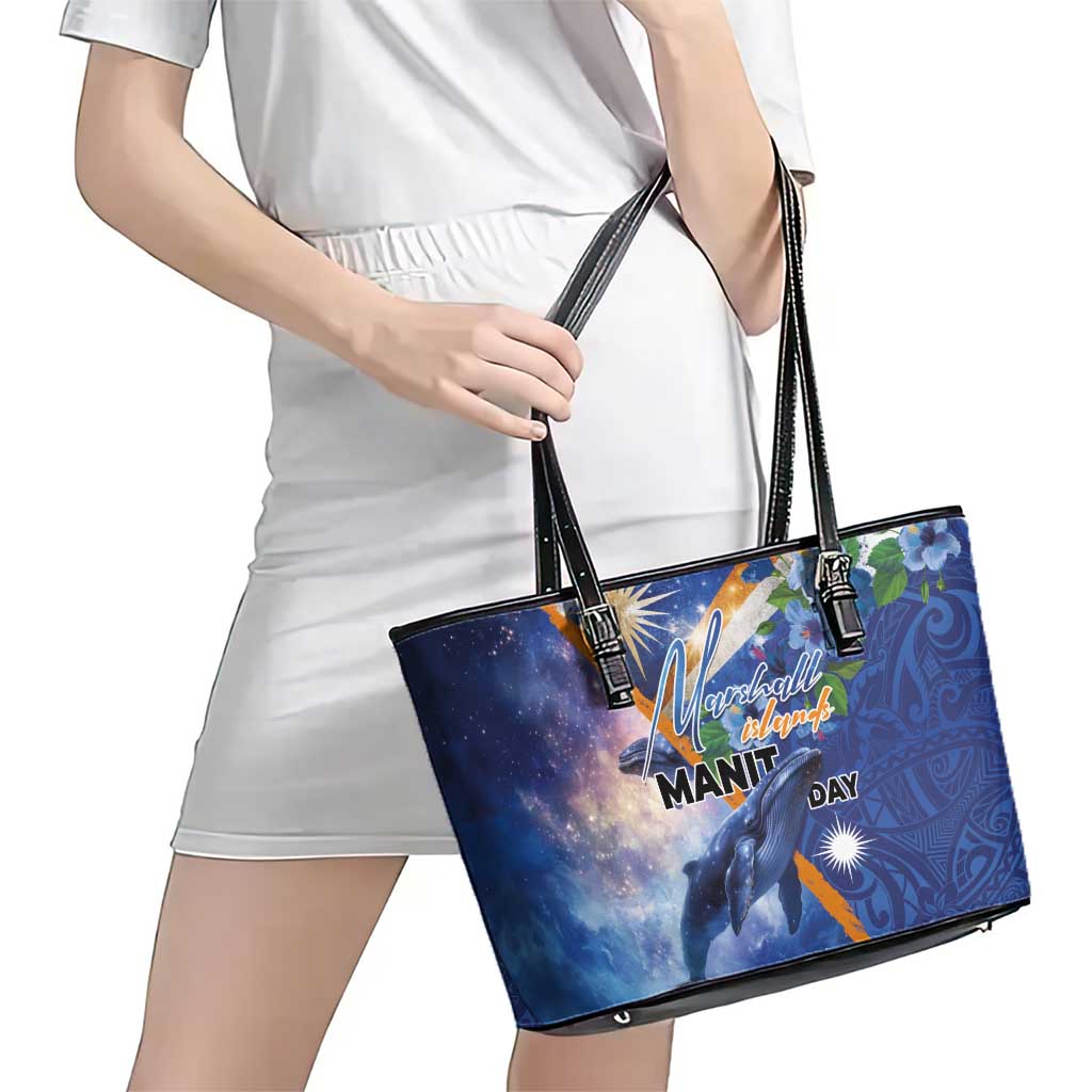 Marshall Islands Manit Day Leather Tote Bag Grunge National Flag with Whales and Tribal Tattoos LT03 - Polynesian Pride