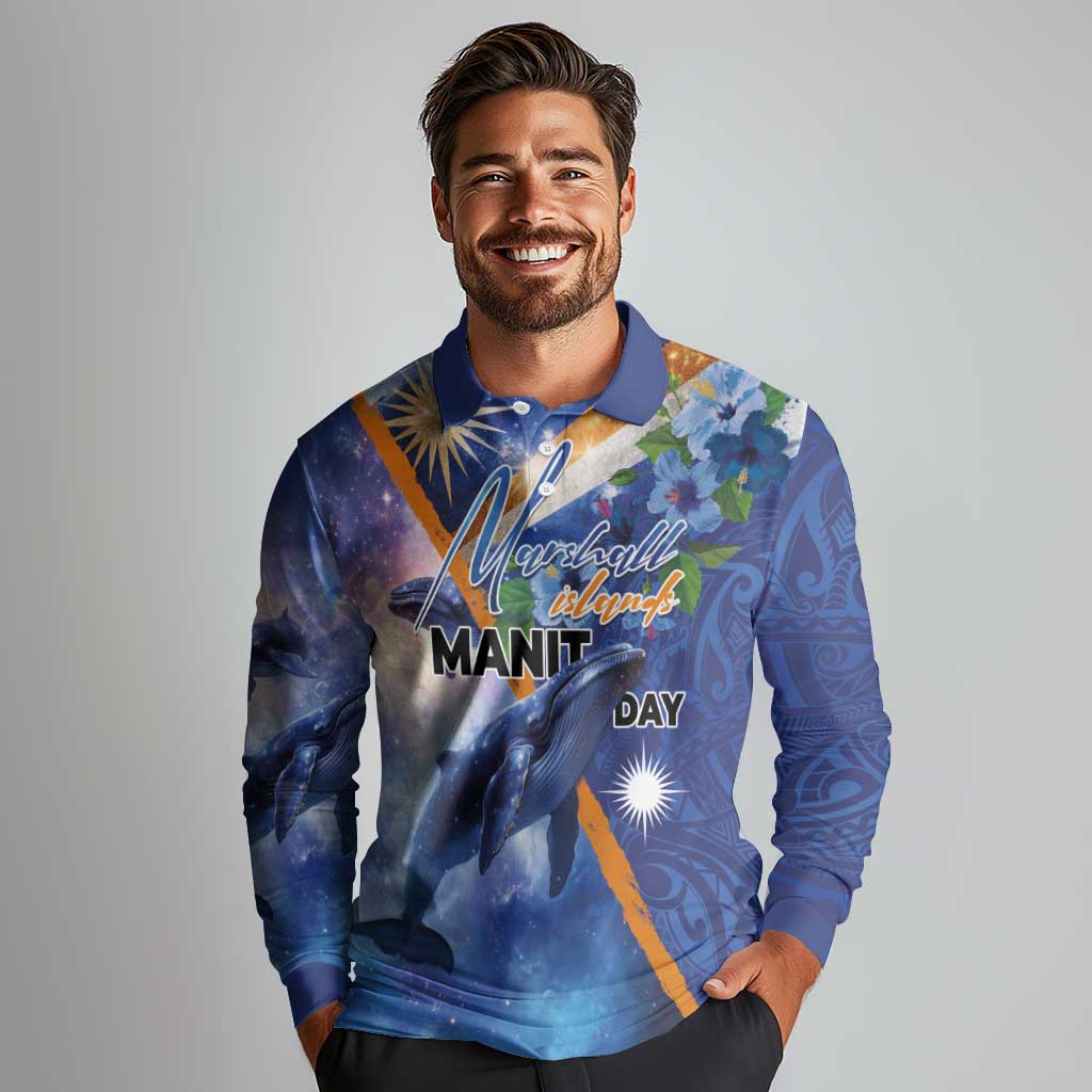 Marshall Islands Manit Day Long Sleeve Polo Shirt Grunge National Flag with Whales and Tribal Tattoos LT03 - Polynesian Pride