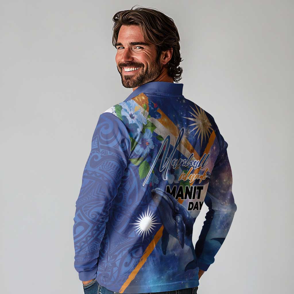 Marshall Islands Manit Day Long Sleeve Polo Shirt Grunge National Flag with Whales and Tribal Tattoos LT03 - Polynesian Pride