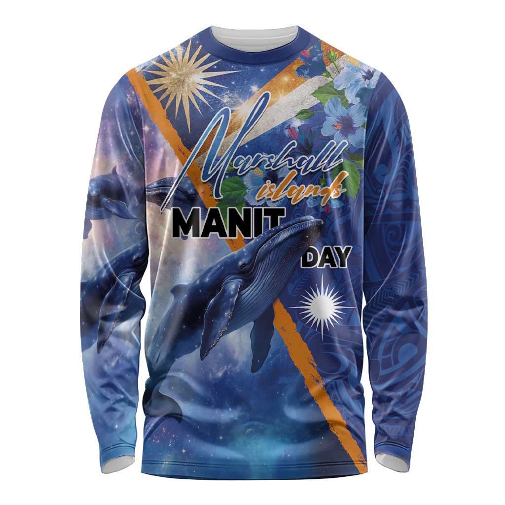 Marshall Islands Manit Day Long Sleeve Shirt Grunge National Flag with Whales and Tribal Tattoos LT03 Unisex Blue - Polynesian Pride