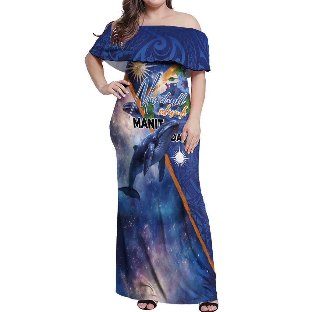Marshall Islands Manit Day Off Shoulder Maxi Dress Grunge National Flag with Whales and Tribal Tattoos LT03 Women Blue - Polynesian Pride