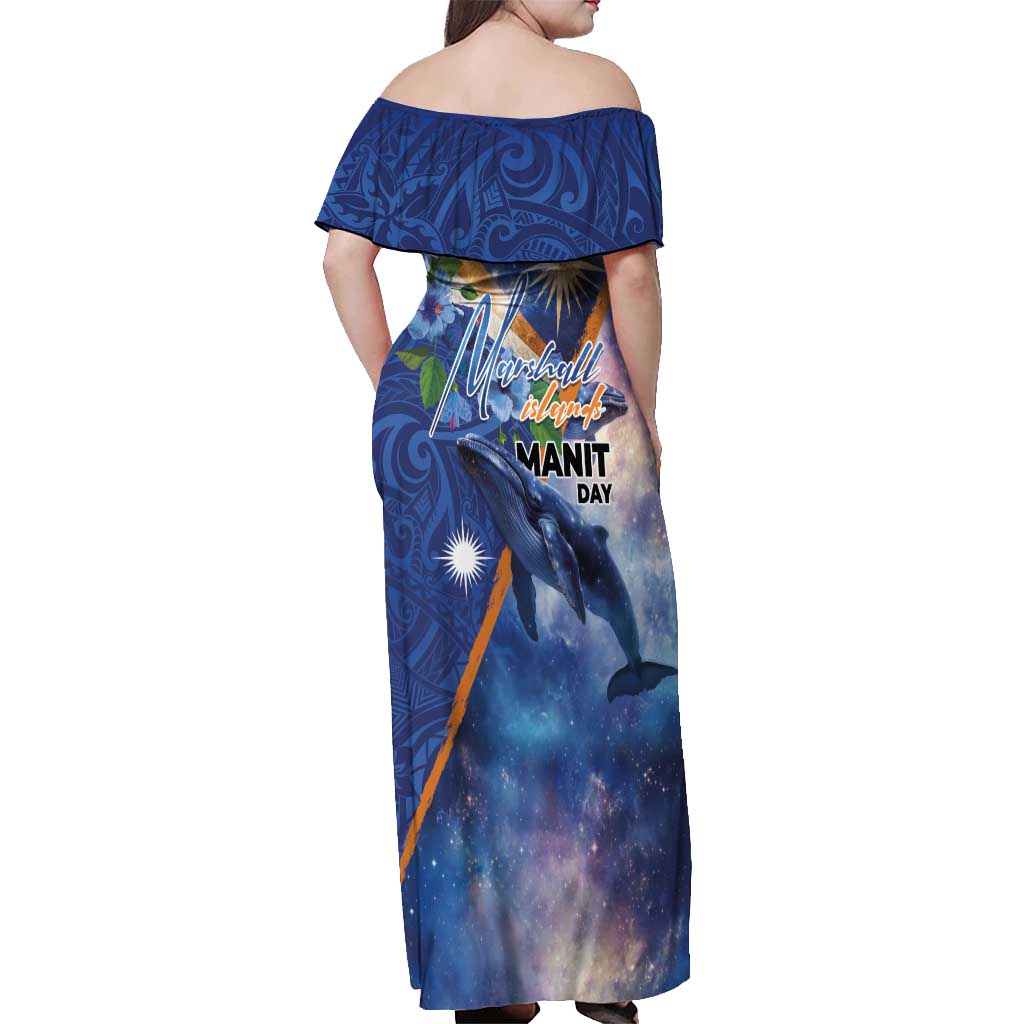 Marshall Islands Manit Day Off Shoulder Maxi Dress Grunge National Flag with Whales and Tribal Tattoos LT03 - Polynesian Pride