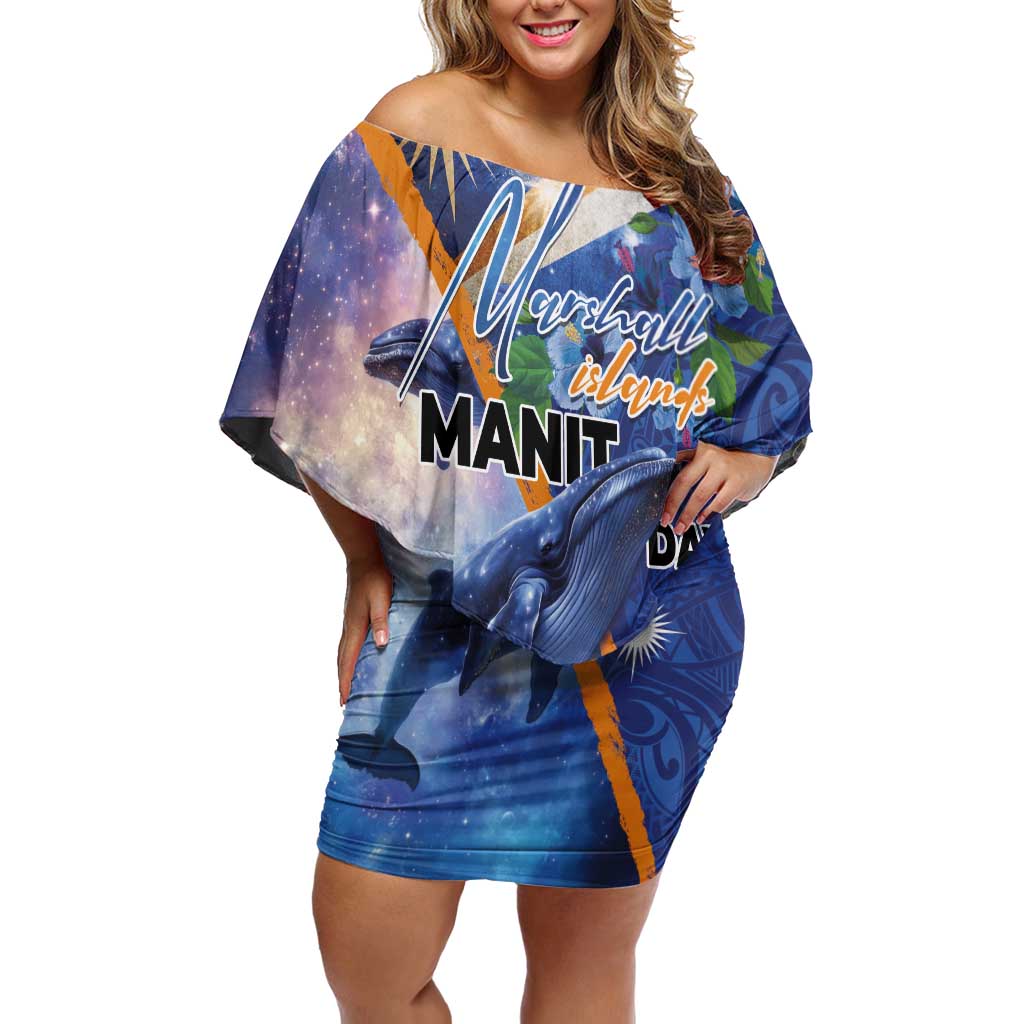Marshall Islands Manit Day Off Shoulder Short Dress Grunge National Flag with Whales and Tribal Tattoos LT03 Women Blue - Polynesian Pride