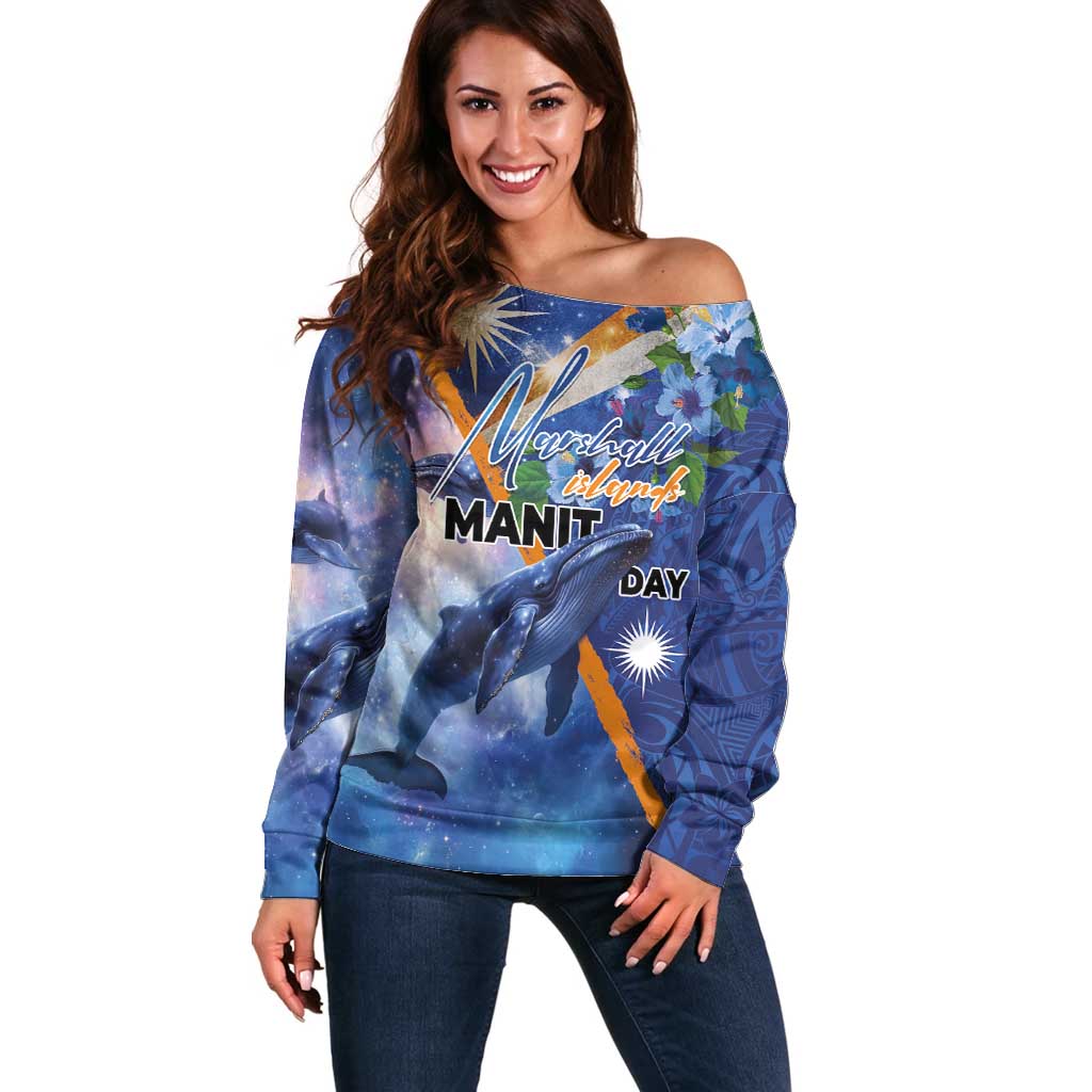 Marshall Islands Manit Day Off Shoulder Sweater Grunge National Flag with Whales and Tribal Tattoos LT03 Women Blue - Polynesian Pride