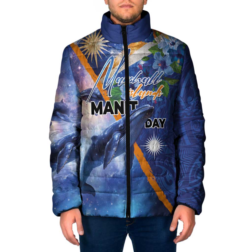 Marshall Islands Manit Day Padded Jacket Grunge National Flag with Whales and Tribal Tattoos LT03 Men Blue - Polynesian Pride