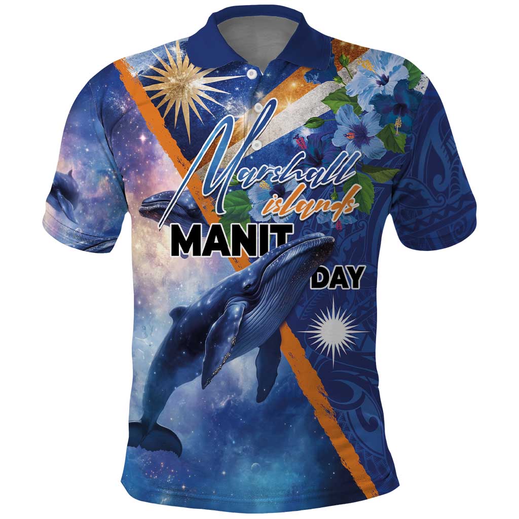 Marshall Islands Manit Day Polo Shirt Grunge National Flag with Whales and Tribal Tattoos LT03 Blue - Polynesian Pride