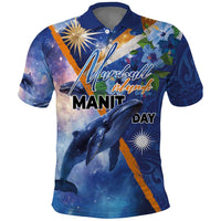 Marshall Islands Manit Day Polo Shirt Grunge National Flag with Whales and Tribal Tattoos LT03 Blue - Polynesian Pride
