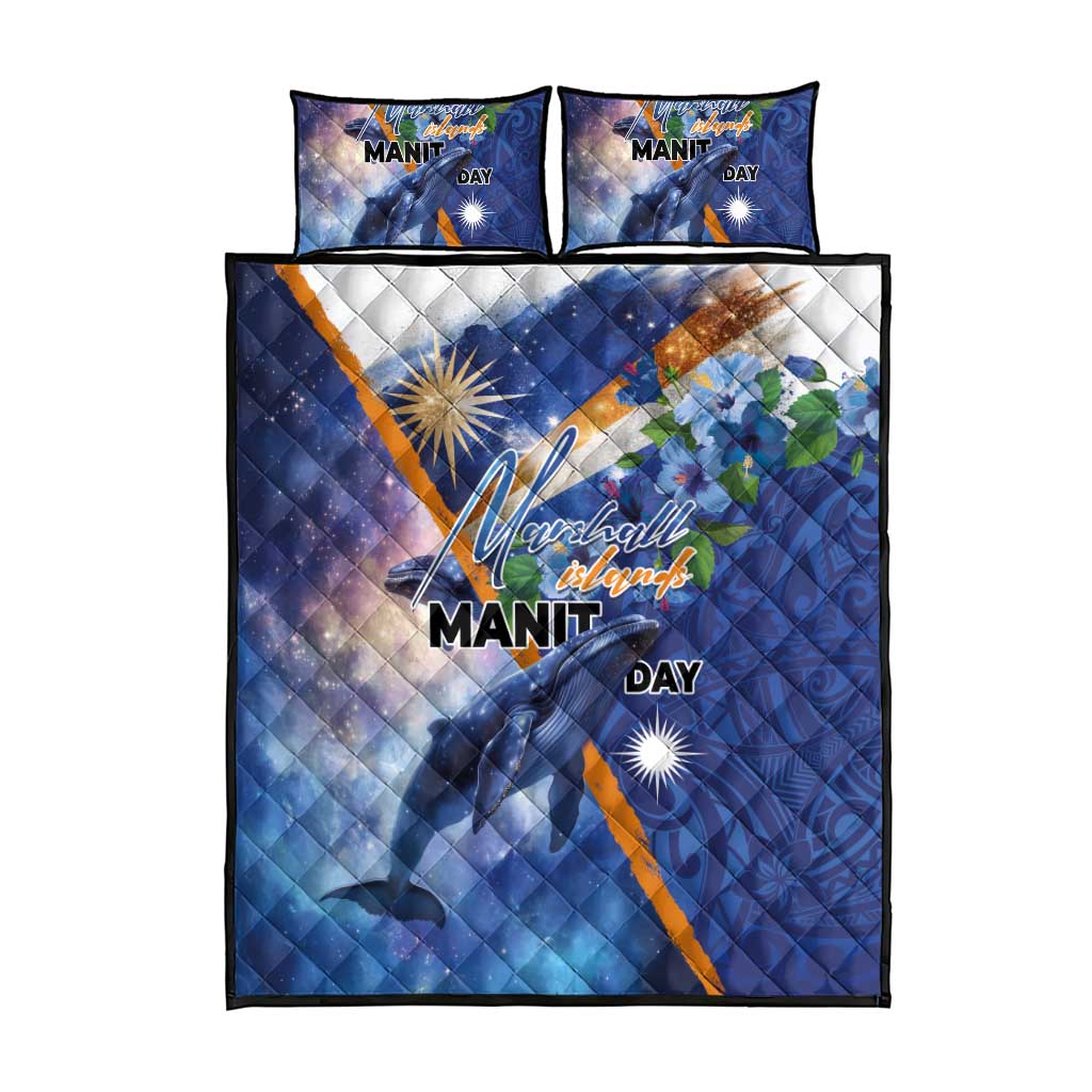 Marshall Islands Manit Day Quilt Bed Set Grunge National Flag with Whales and Tribal Tattoos LT03 - Polynesian Pride