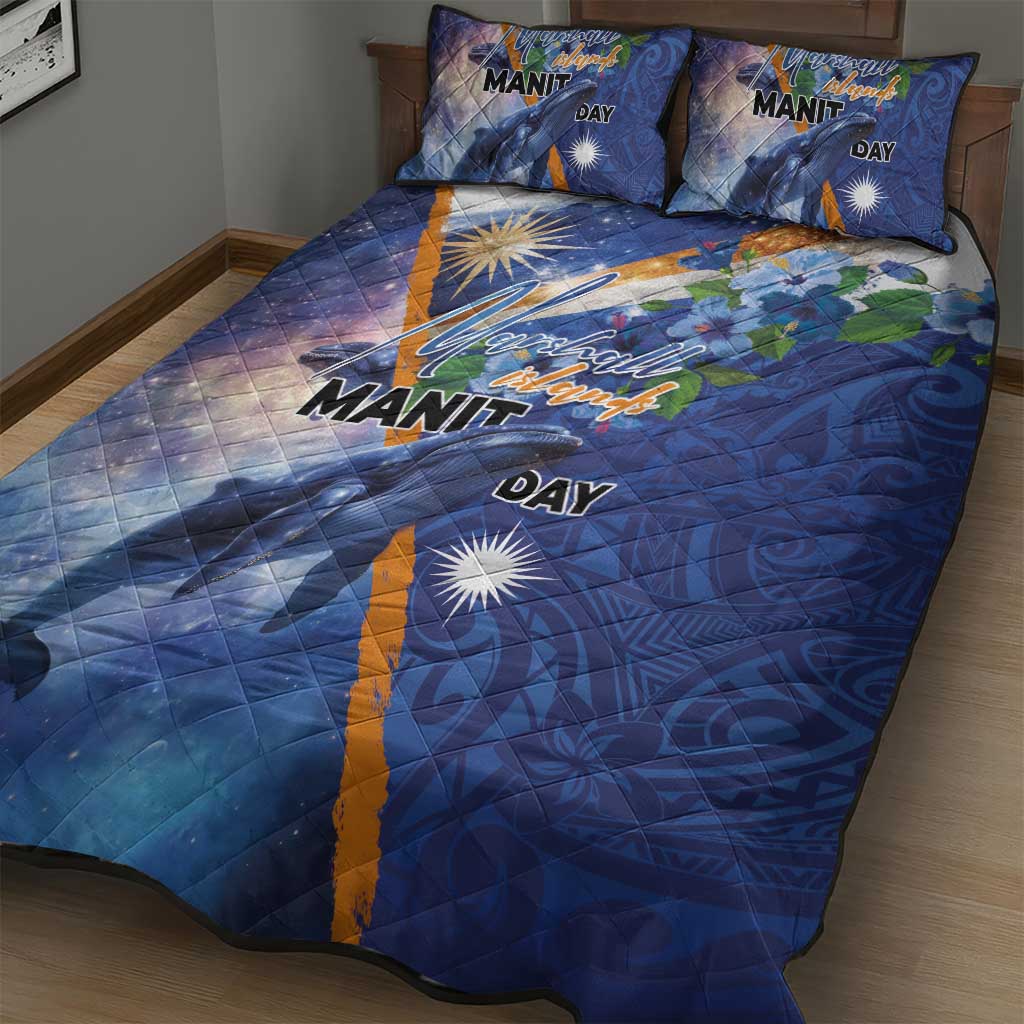 Marshall Islands Manit Day Quilt Bed Set Grunge National Flag with Whales and Tribal Tattoos LT03 - Polynesian Pride