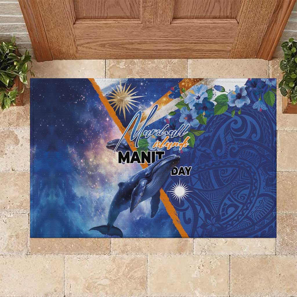 Marshall Islands Manit Day Rubber Doormat Grunge National Flag with Whales and Tribal Tattoos LT03 Blue - Polynesian Pride