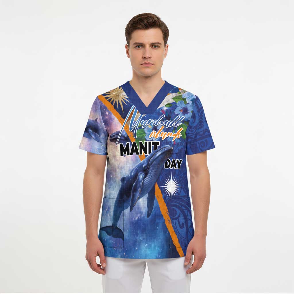 Marshall Islands Manit Day Scrub Top Grunge National Flag with Whales and Tribal Tattoos - Polynesian Pride