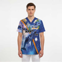 Marshall Islands Manit Day Scrub Top Grunge National Flag with Whales and Tribal Tattoos - Polynesian Pride
