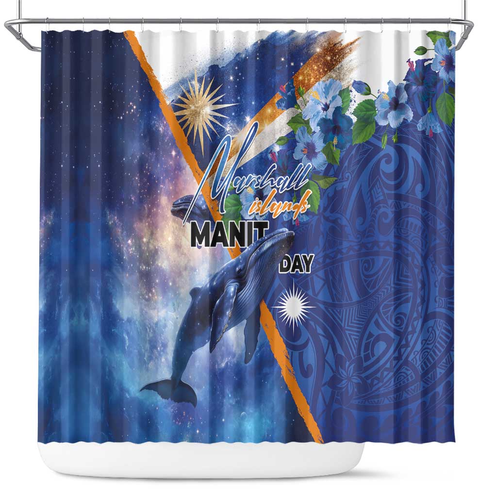 Marshall Islands Manit Day Shower Curtain Grunge National Flag with Whales and Tribal Tattoos LT03 Blue - Polynesian Pride