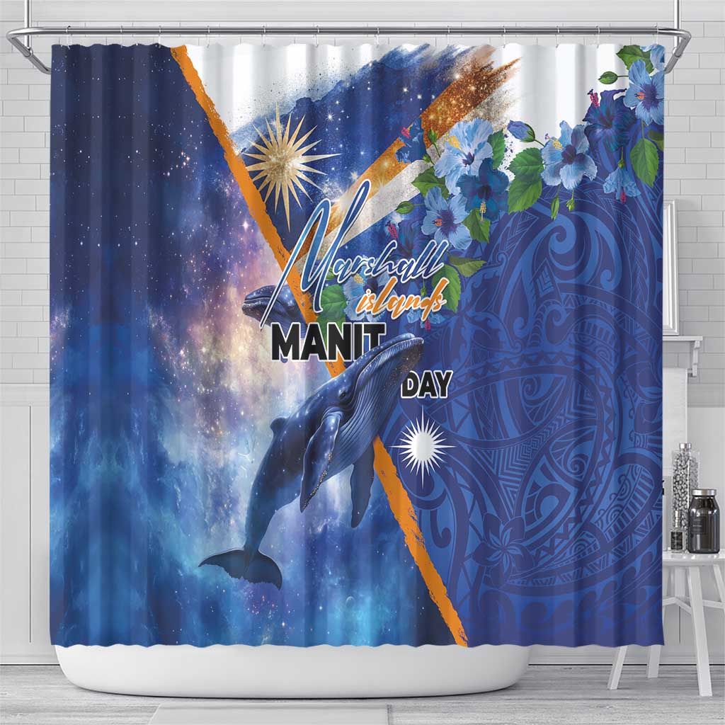 Marshall Islands Manit Day Shower Curtain Grunge National Flag with Whales and Tribal Tattoos LT03 - Polynesian Pride
