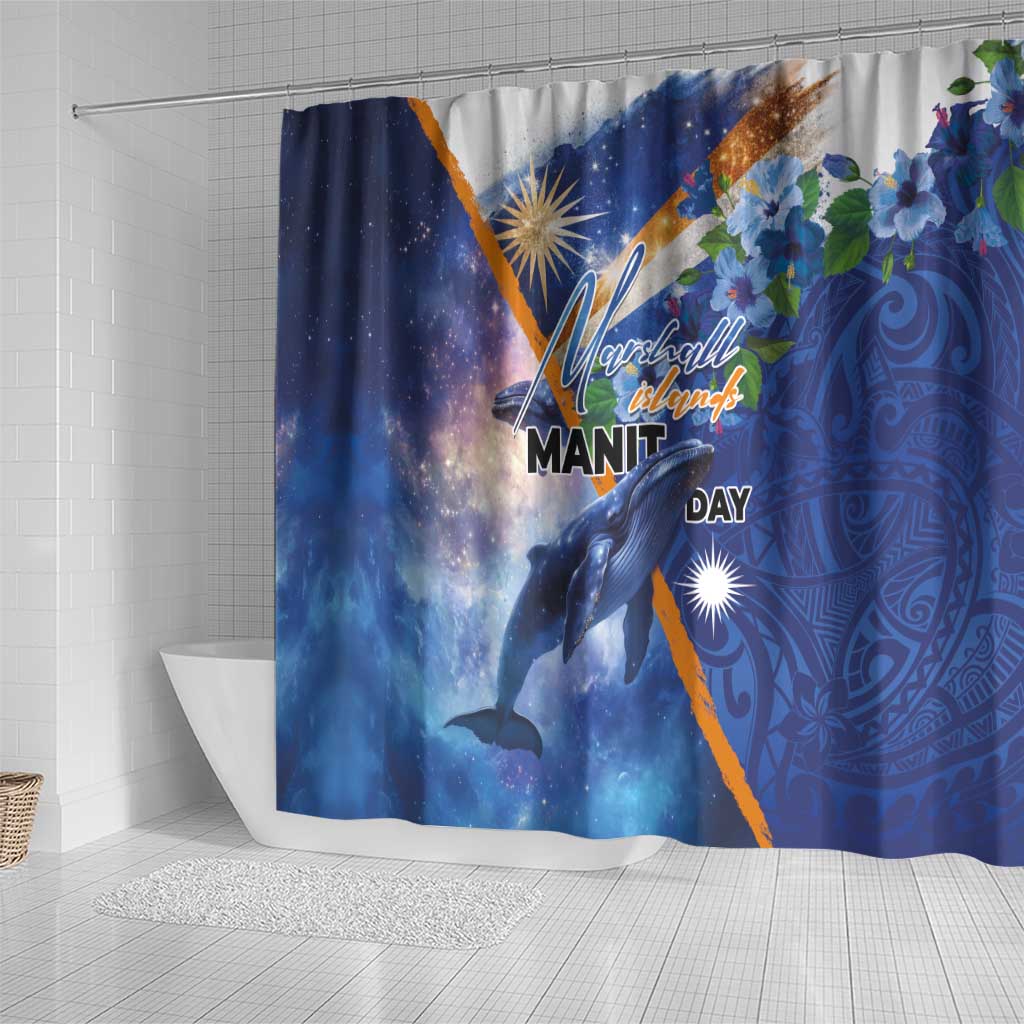 Marshall Islands Manit Day Shower Curtain Grunge National Flag with Whales and Tribal Tattoos LT03 - Polynesian Pride
