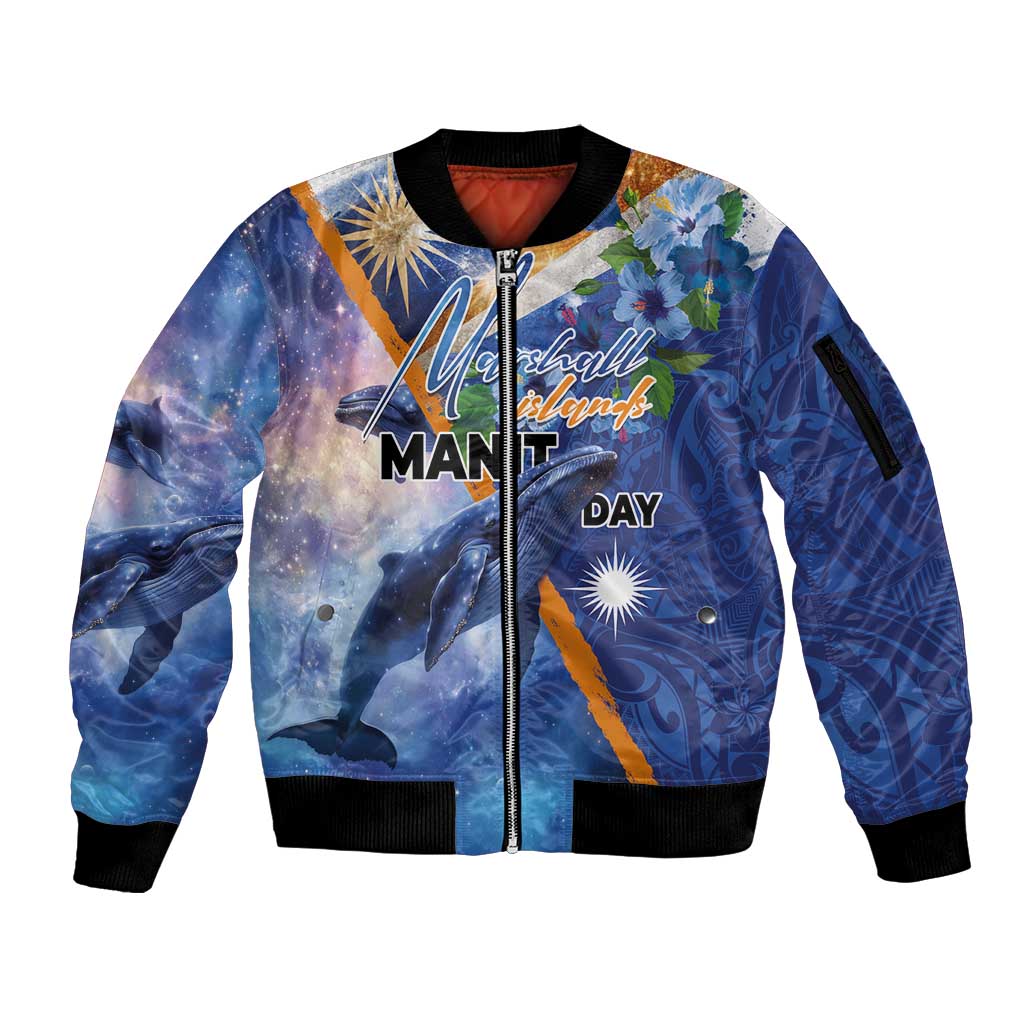 Marshall Islands Manit Day Sleeve Zip Bomber Jacket Grunge National Flag with Whales and Tribal Tattoos - Polynesian Pride