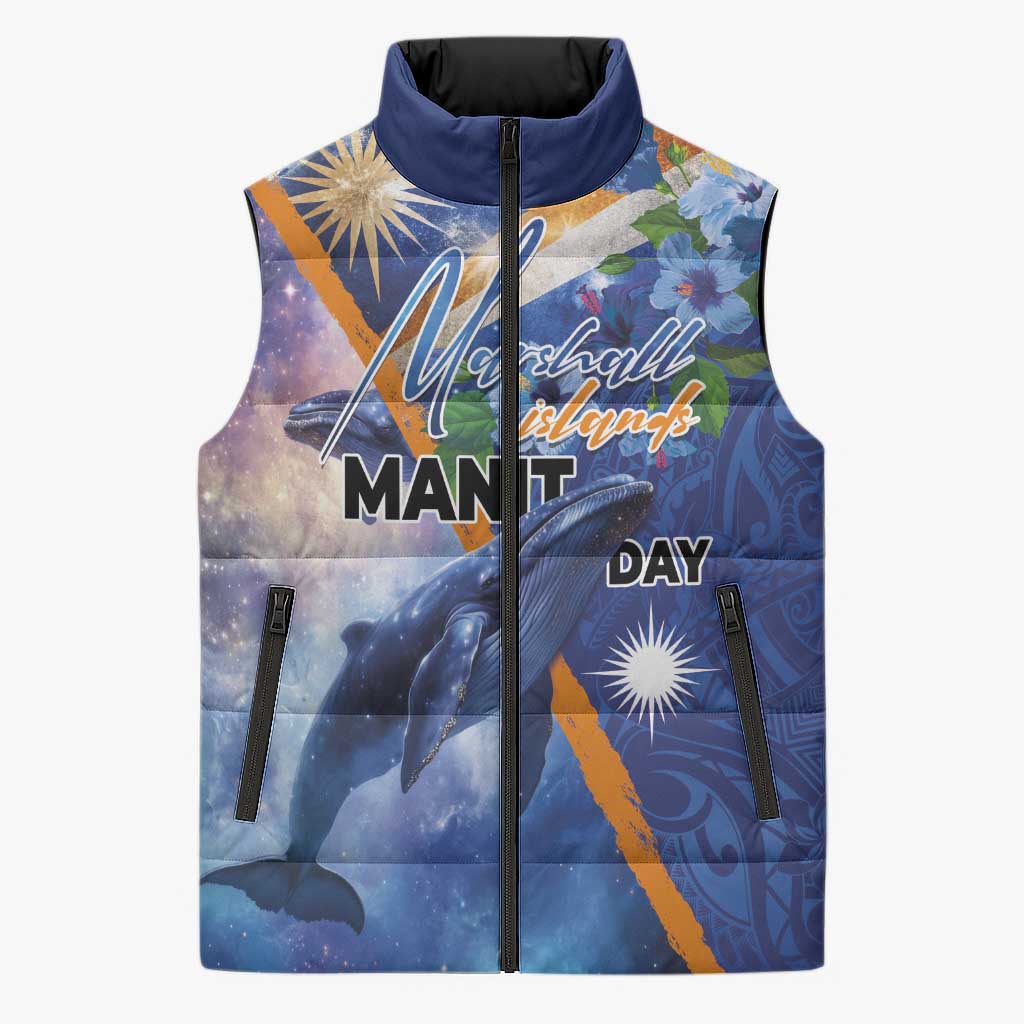 Marshall Islands Manit Day Sleeveless Puffer Jacket Grunge National Flag with Whales and Tribal Tattoos LT03 Unisex Blue - Polynesian Pride