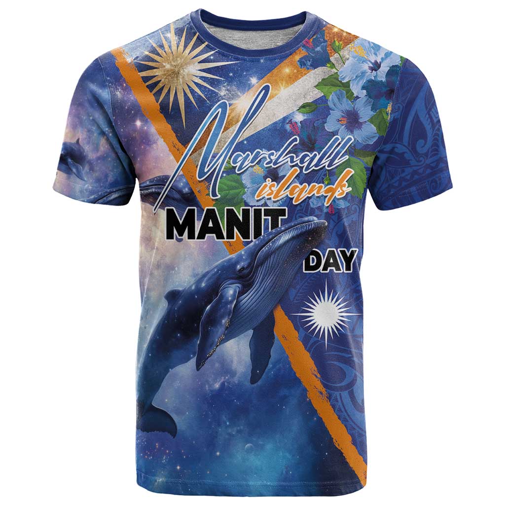 Marshall Islands Manit Day T Shirt Grunge National Flag with Whales and Tribal Tattoos - Polynesian Pride