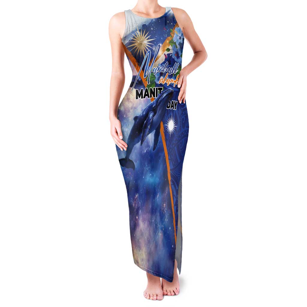 Marshall Islands Manit Day Tank Maxi Dress Grunge National Flag with Whales and Tribal Tattoos LT03 Women Blue - Polynesian Pride