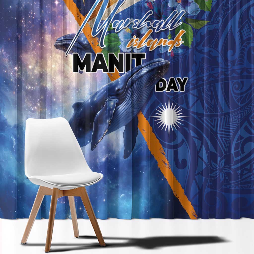 Marshall Islands Manit Day Window Curtain Grunge National Flag with Whales and Tribal Tattoos LT03 - Polynesian Pride