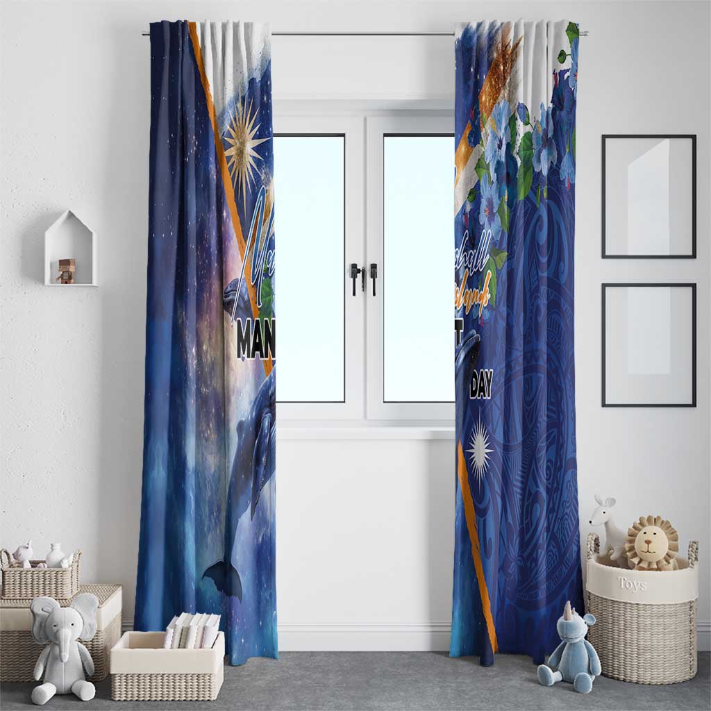Marshall Islands Manit Day Window Curtain Grunge National Flag with Whales and Tribal Tattoos LT03 - Polynesian Pride