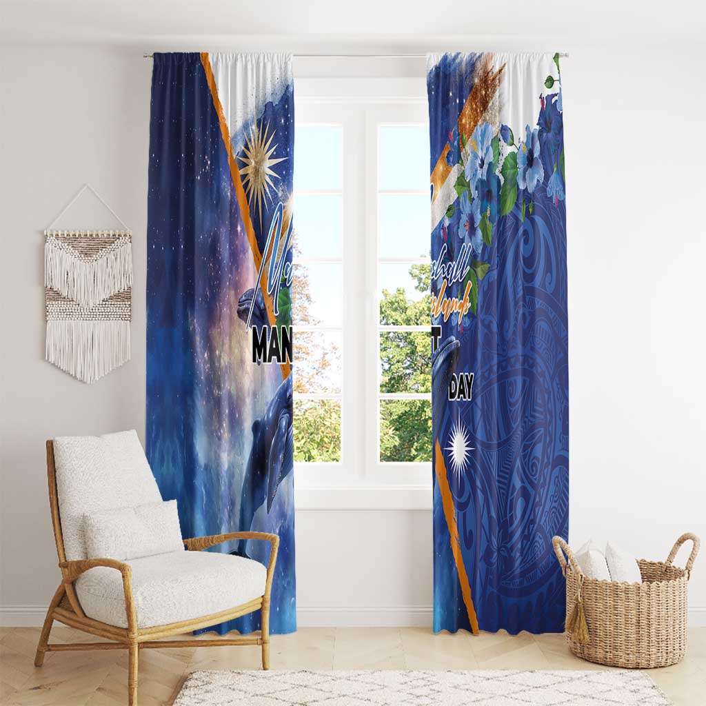 Marshall Islands Manit Day Window Curtain Grunge National Flag with Whales and Tribal Tattoos LT03 - Polynesian Pride
