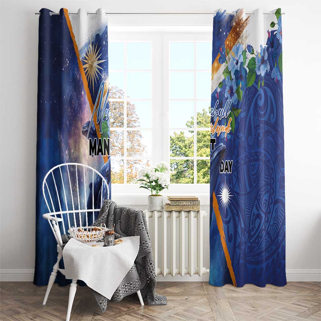 Marshall Islands Manit Day Window Curtain Grunge National Flag with Whales and Tribal Tattoos LT03 - Polynesian Pride