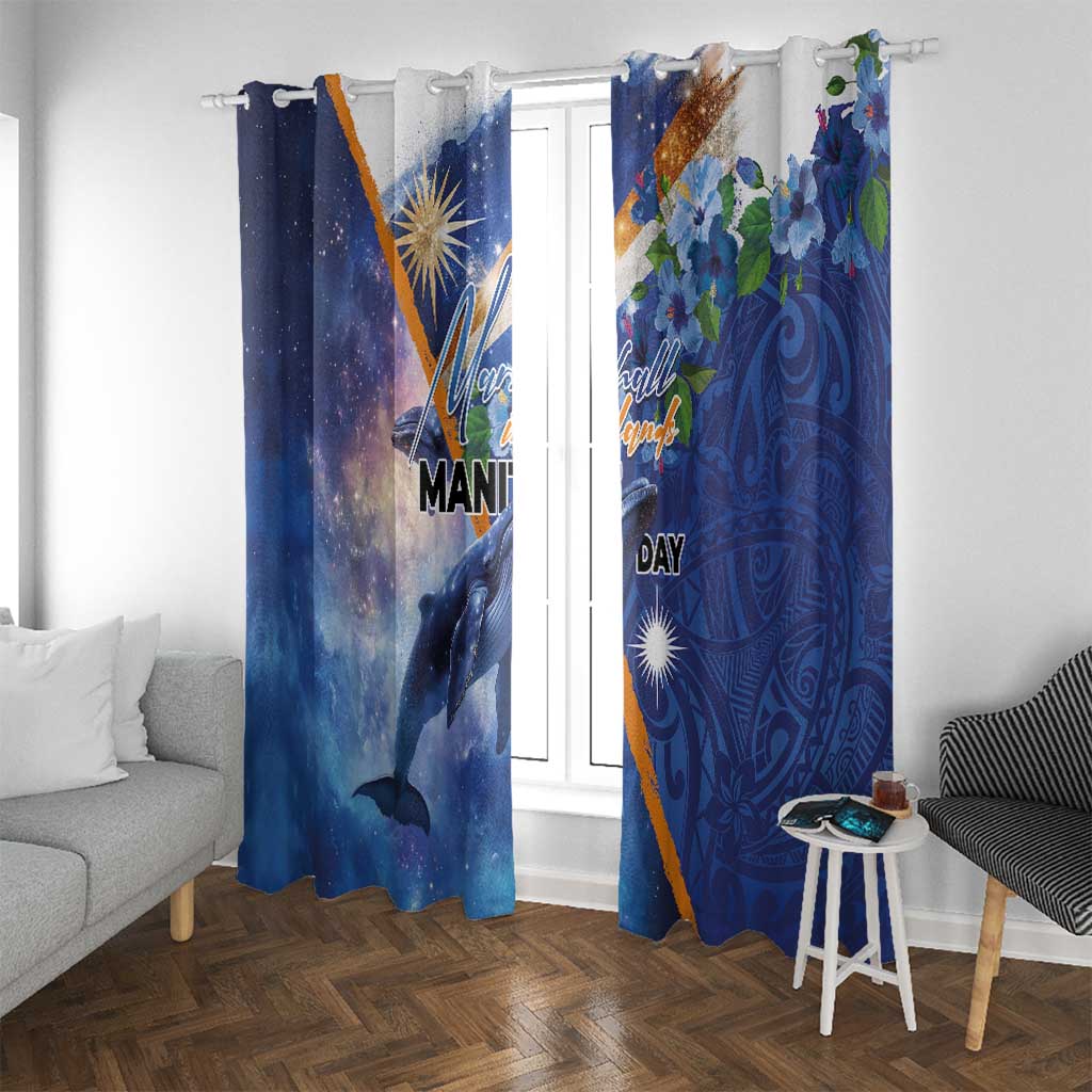 Marshall Islands Manit Day Window Curtain Grunge National Flag with Whales and Tribal Tattoos LT03 With Grommets Blue - Polynesian Pride