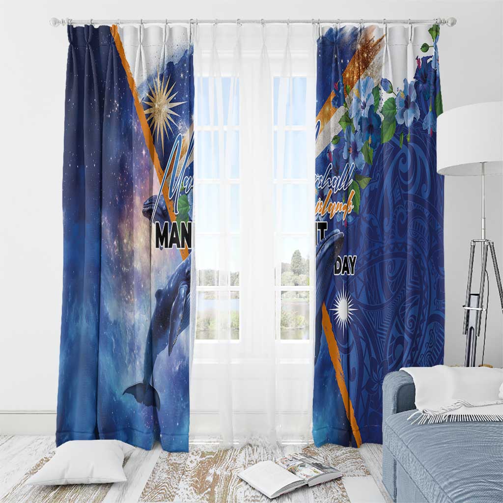Marshall Islands Manit Day Window Curtain Grunge National Flag with Whales and Tribal Tattoos LT03 - Polynesian Pride