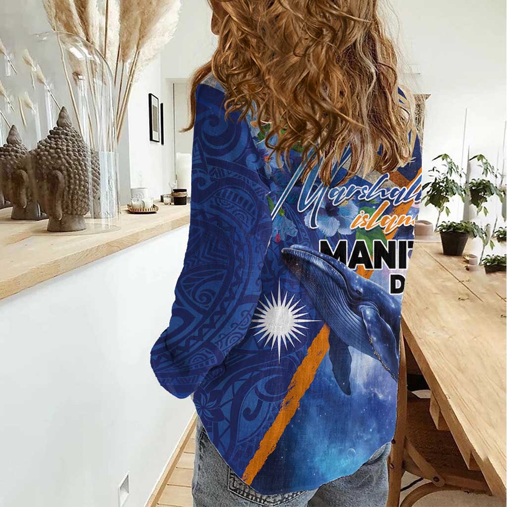 Marshall Islands Manit Day Women Casual Shirt Grunge National Flag with Whales and Tribal Tattoos - Polynesian Pride