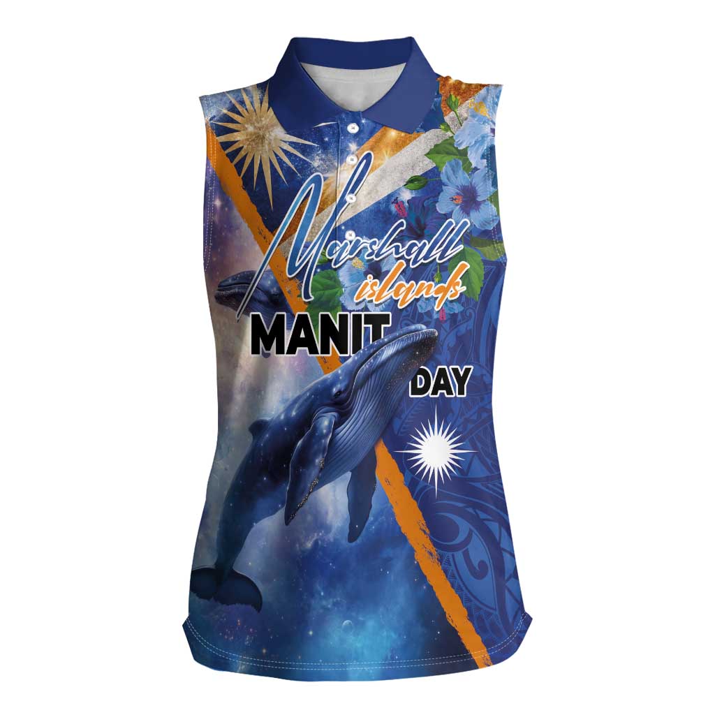 Marshall Islands Manit Day Women Sleeveless Polo Shirt Grunge National Flag with Whales and Tribal Tattoos - Polynesian Pride
