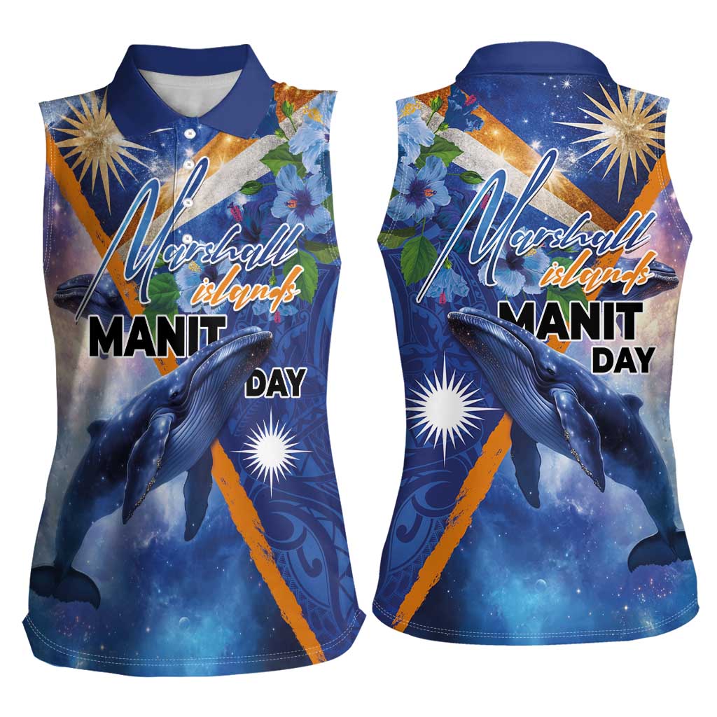 Marshall Islands Manit Day Women Sleeveless Polo Shirt Grunge National Flag with Whales and Tribal Tattoos LT03 - Polynesian Pride