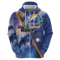 Marshall Islands Manit Day Zip Hoodie Grunge National Flag with Whales and Tribal Tattoos LT03 - Polynesian Pride