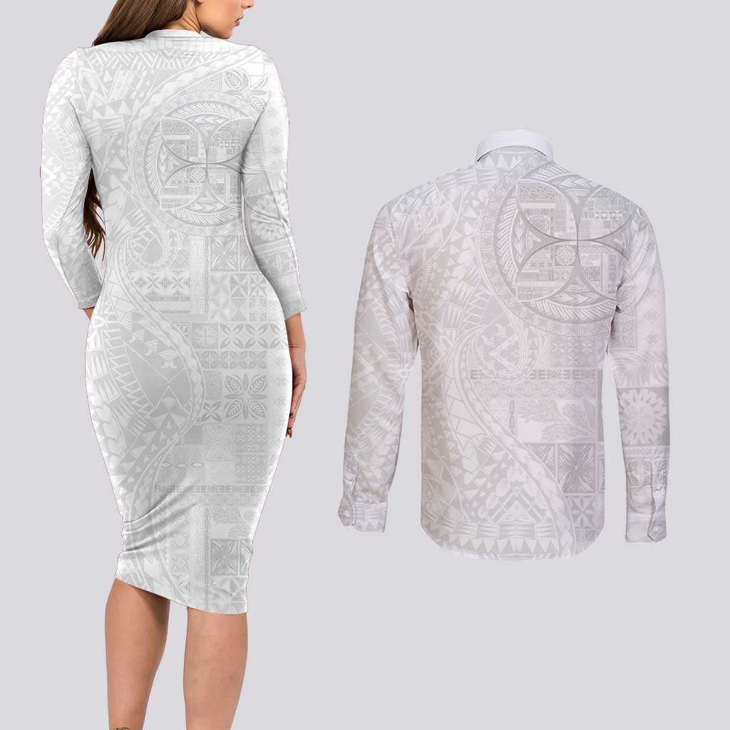 Samoan Culture-Lotu Tamaiti Couples Matching Long Sleeve Bodycon Dress and Long Sleeve Button Shirt Siapo and Polynesian Art Tattoos - Polynesian Pride