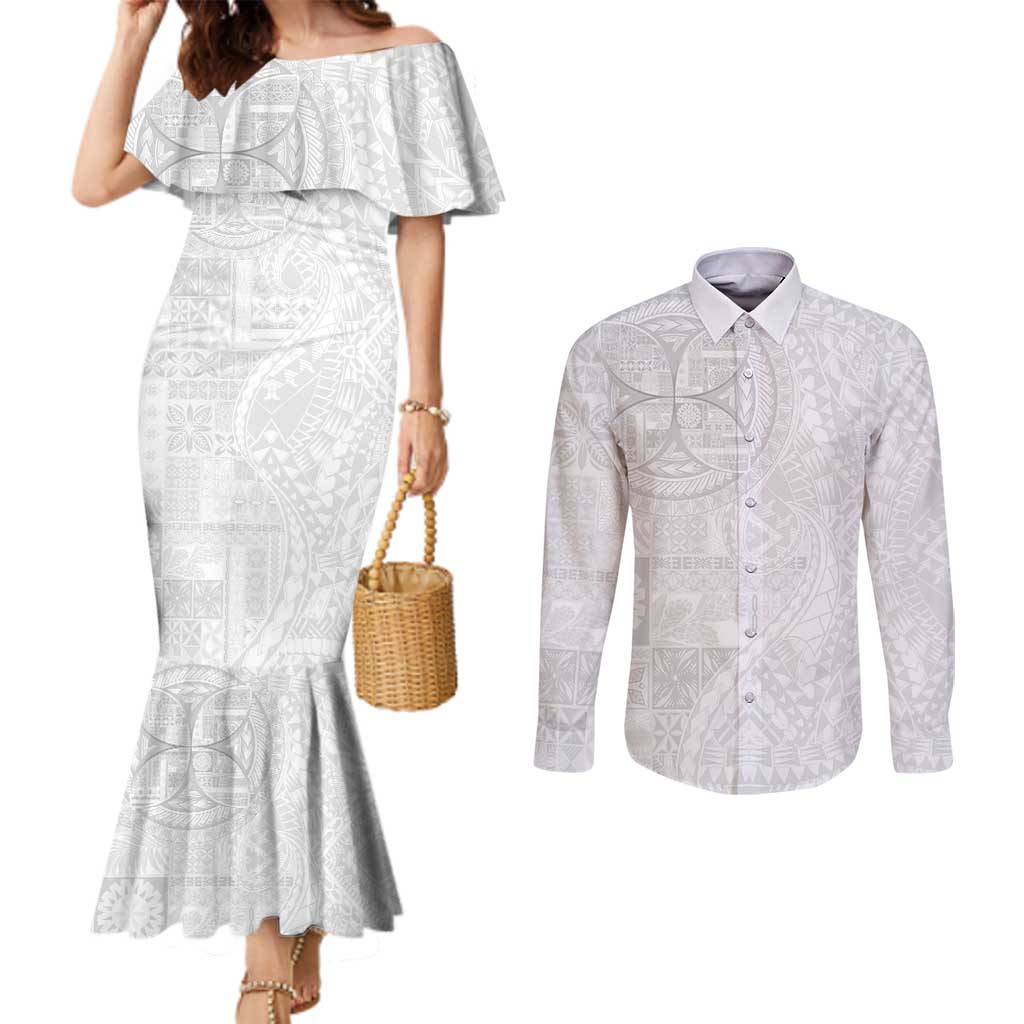 Samoan Culture-Lotu Tamaiti Couples Matching Mermaid Dress and Long Sleeve Button Shirt Siapo and Polynesian Art Tattoos - Polynesian Pride